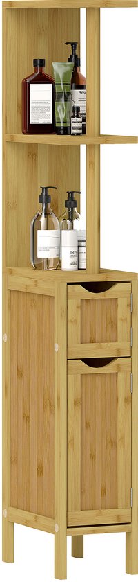 Houten badkamerkast van 120 cm hoog met twee open planken, twee lades en een kastdeur, gevuld met flessen.