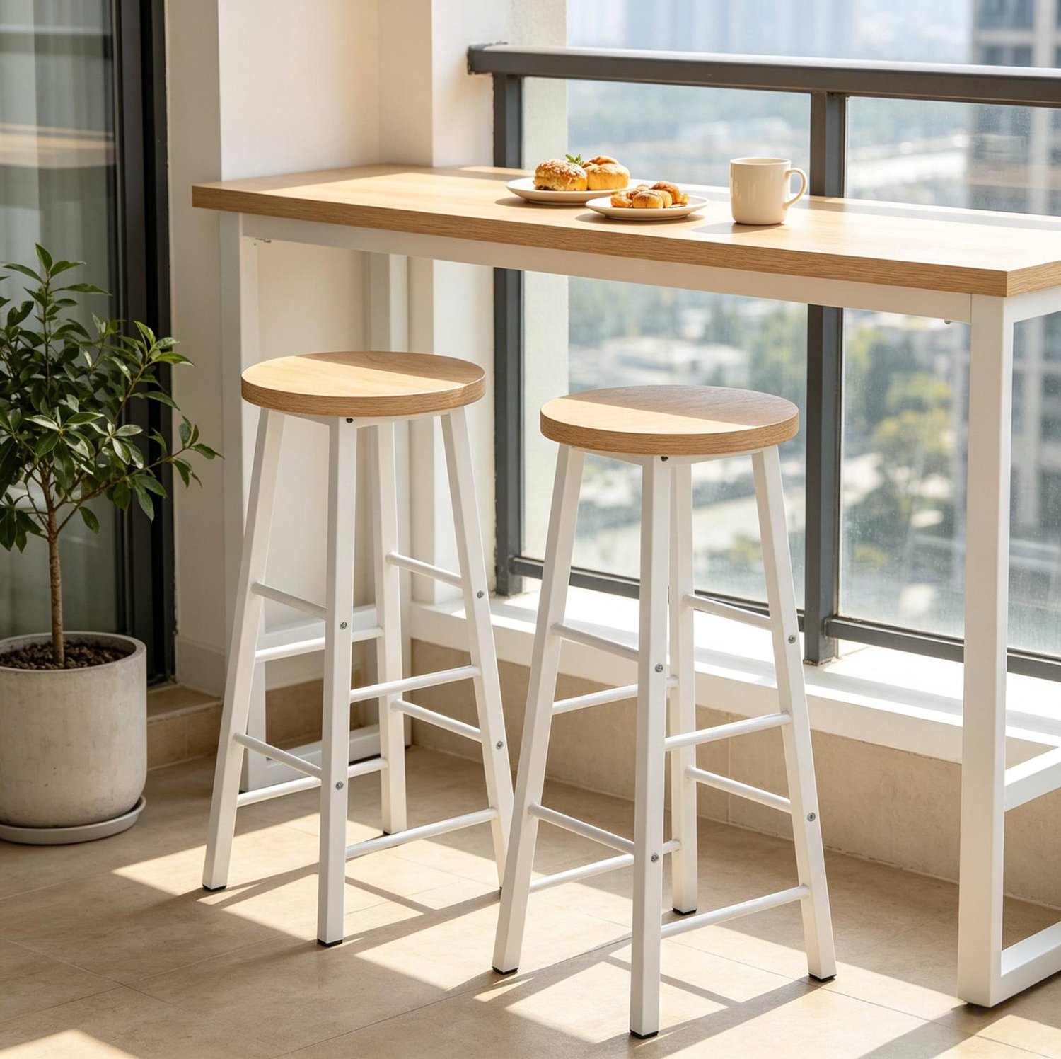 HAUSS SPOLE Barkruk - Set van 2 - Ronde Zitting met Voetsteunen - Voor Keuken, Bar en Café - MDF en Metaal - Licht Eiken en Wit