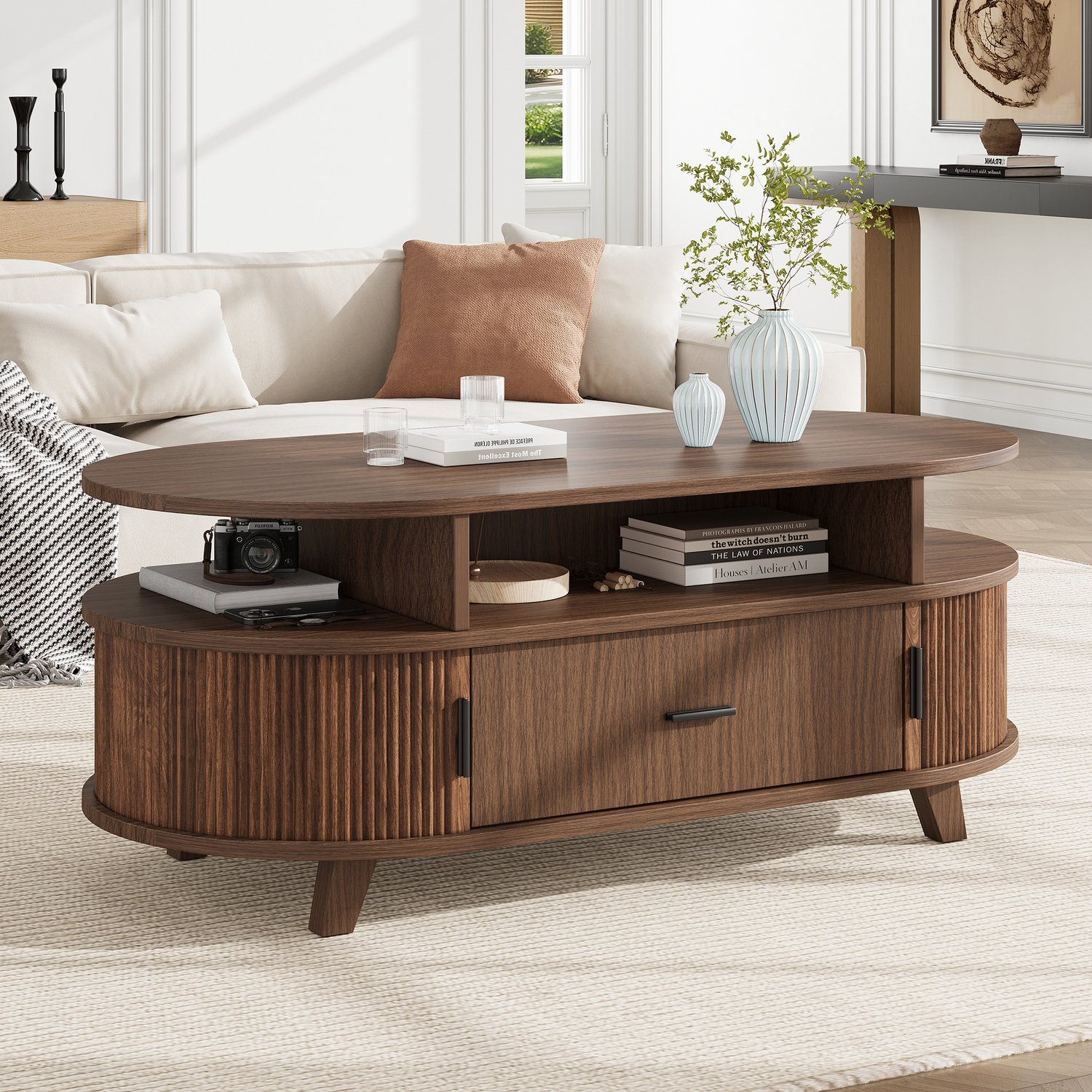 OKWISH Salontafel - Ovaal met 1 Lade en 2 Roldeuren - Open en Gesloten Opbergruimte voor de Woonkamer - Walnootkleur - 100 x 50 x 40 cm
