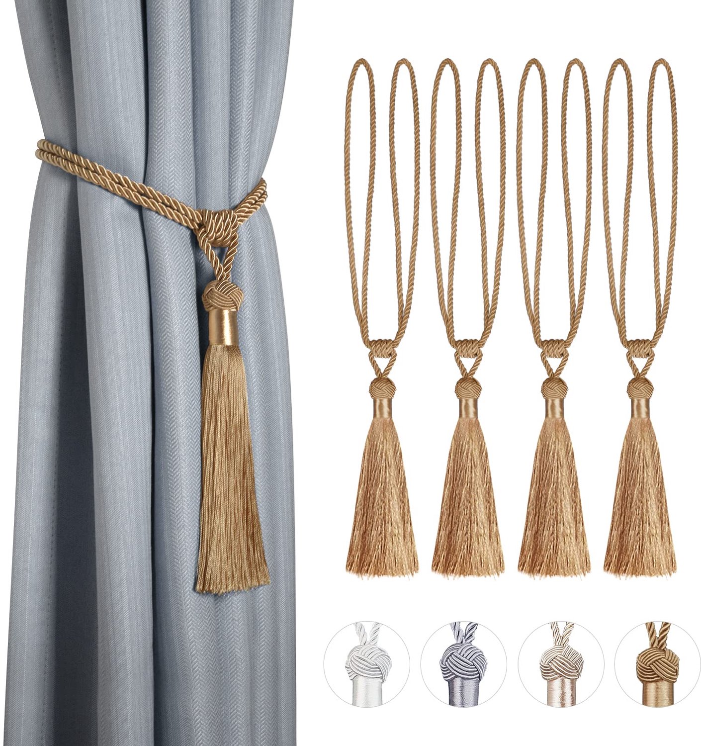 4 Stuks Handgebreide Gordijn Klemmen - Gele Tassels met Touw