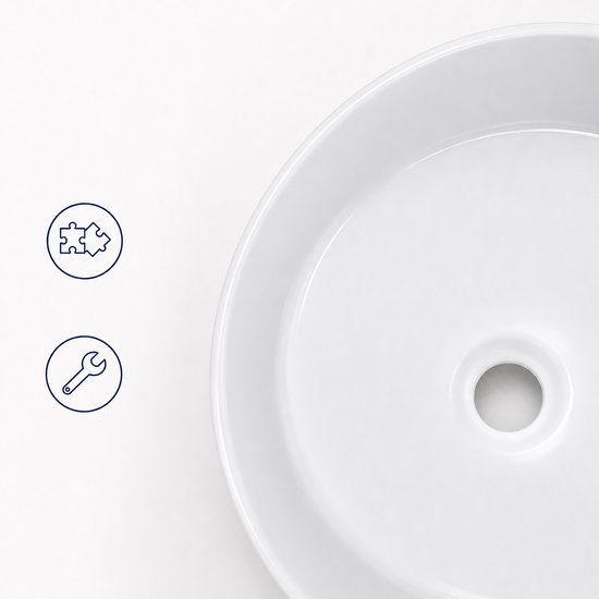 Detailopname van de rand van een witte waskom met iconen voor eenvoudige installatie.