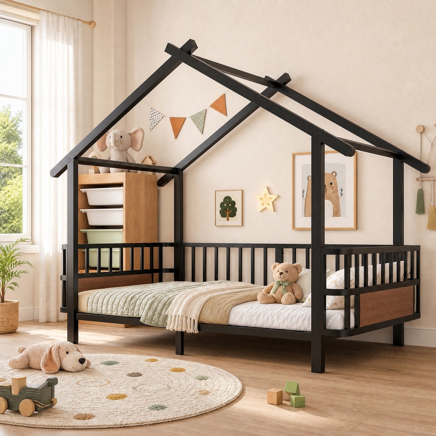 MEUNIQ Kinderbed 90 x 200 cm – zwart metalen huisbed met dakframe, zijhekken en 15 bedlatten – bedframe voor de kinderkamer