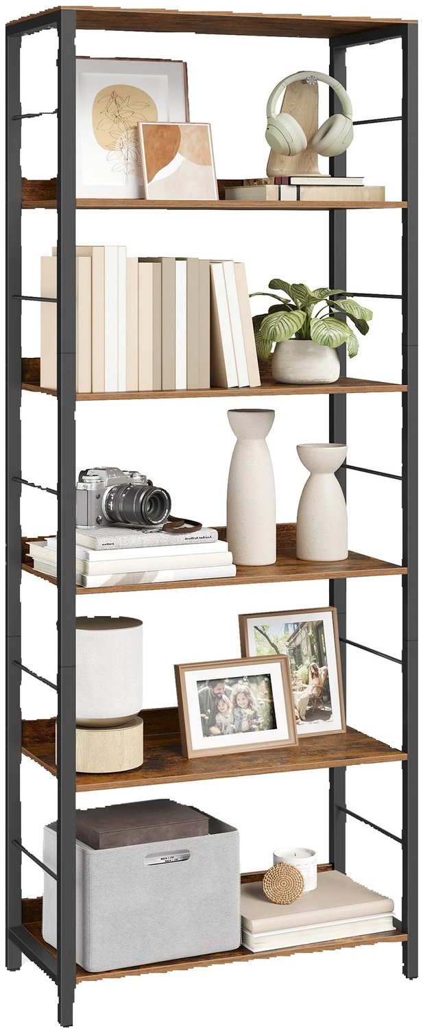 Veya Boekenkast - 60×30×178 cm - Boekenplank - Kast - Industrieel - 6 niveaus - Vintagebruin - Zwart - 37,3kg per plank - Opbergen
