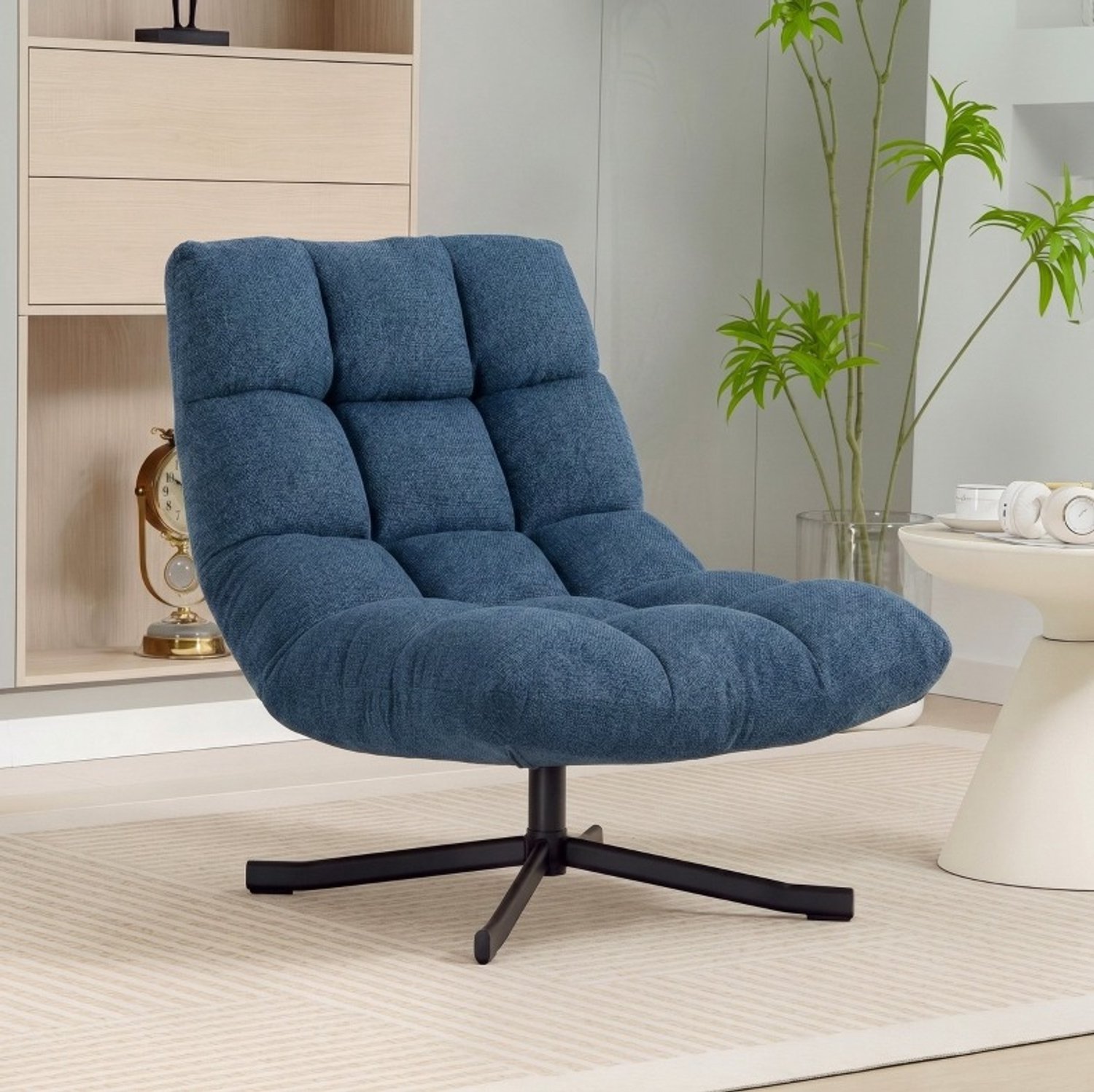 MEUNIQ Draaibare fauteuil 360° - donkerblauwe chenille, zonder armleuningen, met stalen onderstel en gewatteerde zitting - 75 x 95 x 90 cm - woonkamer