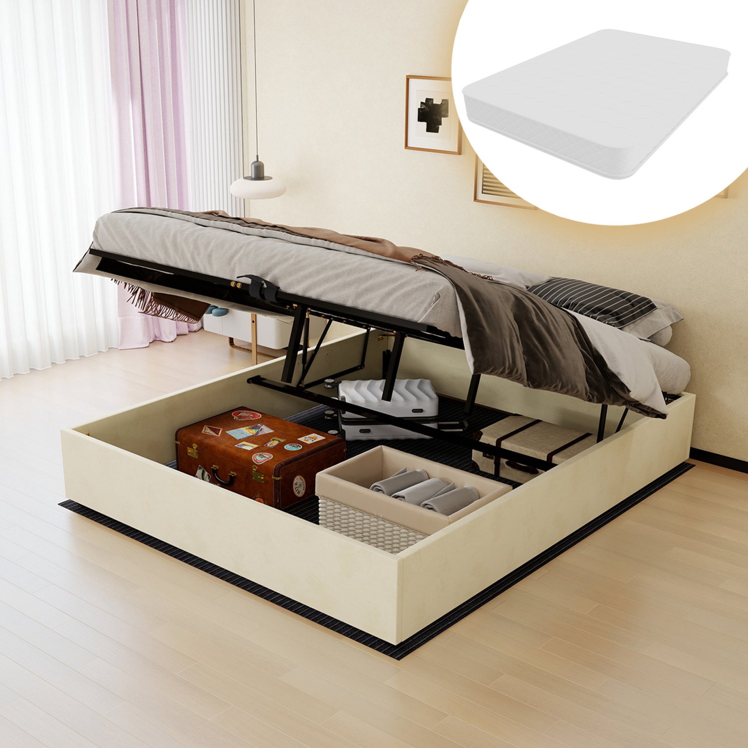 MEUNIQ Tweepersoonsbed 160 x 200 cm met matras, opbergruimte en gasveren, stoffen bedframe met metalen ondersteuning, zonder hoofdbord, beige