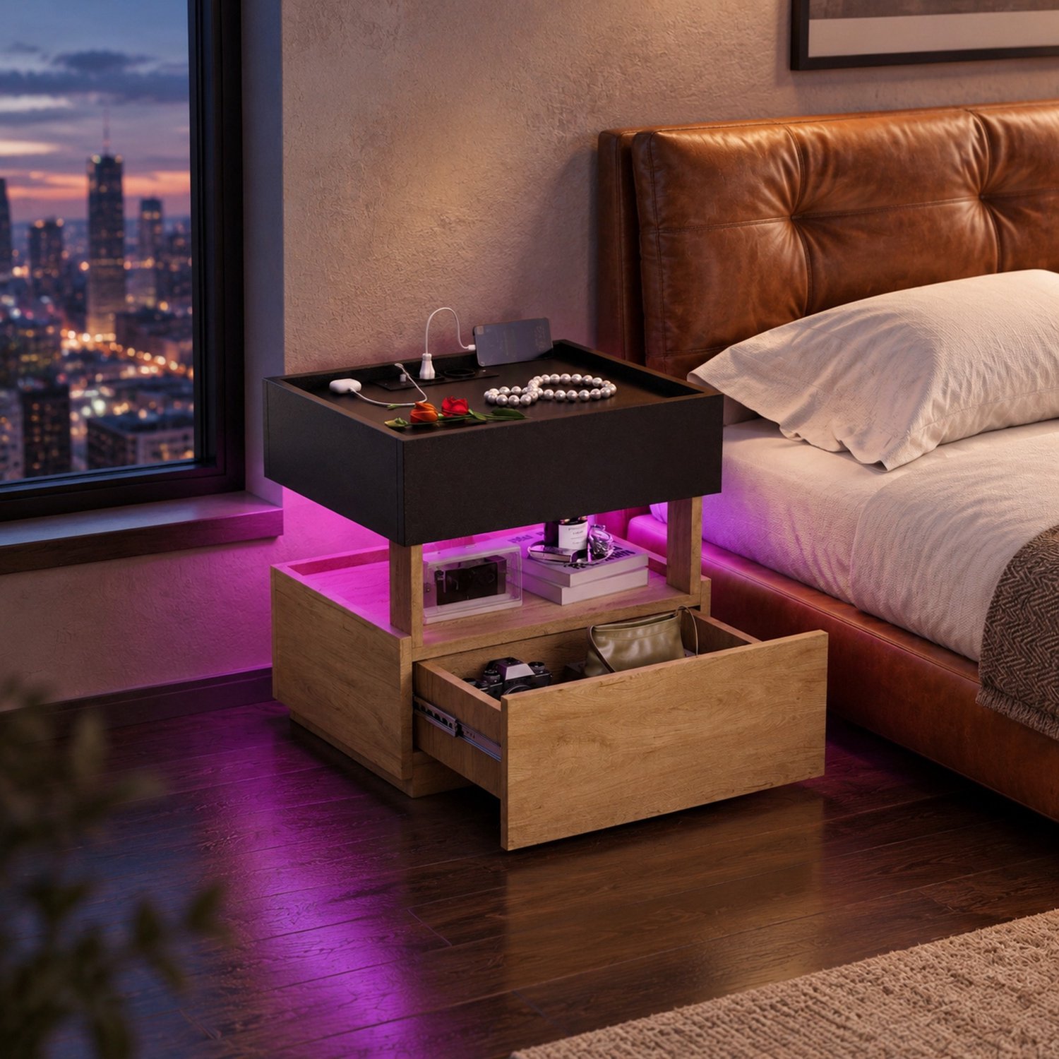 MEUNIQ nachtkastje 50 x 40 x 50 cm met 2 lades, draadloos opladen, USB-aansluitingen en verstelbare led-sfeerverlichting voor de slaapkamer, zwart en naturel Zwart en naturel houtkleurig