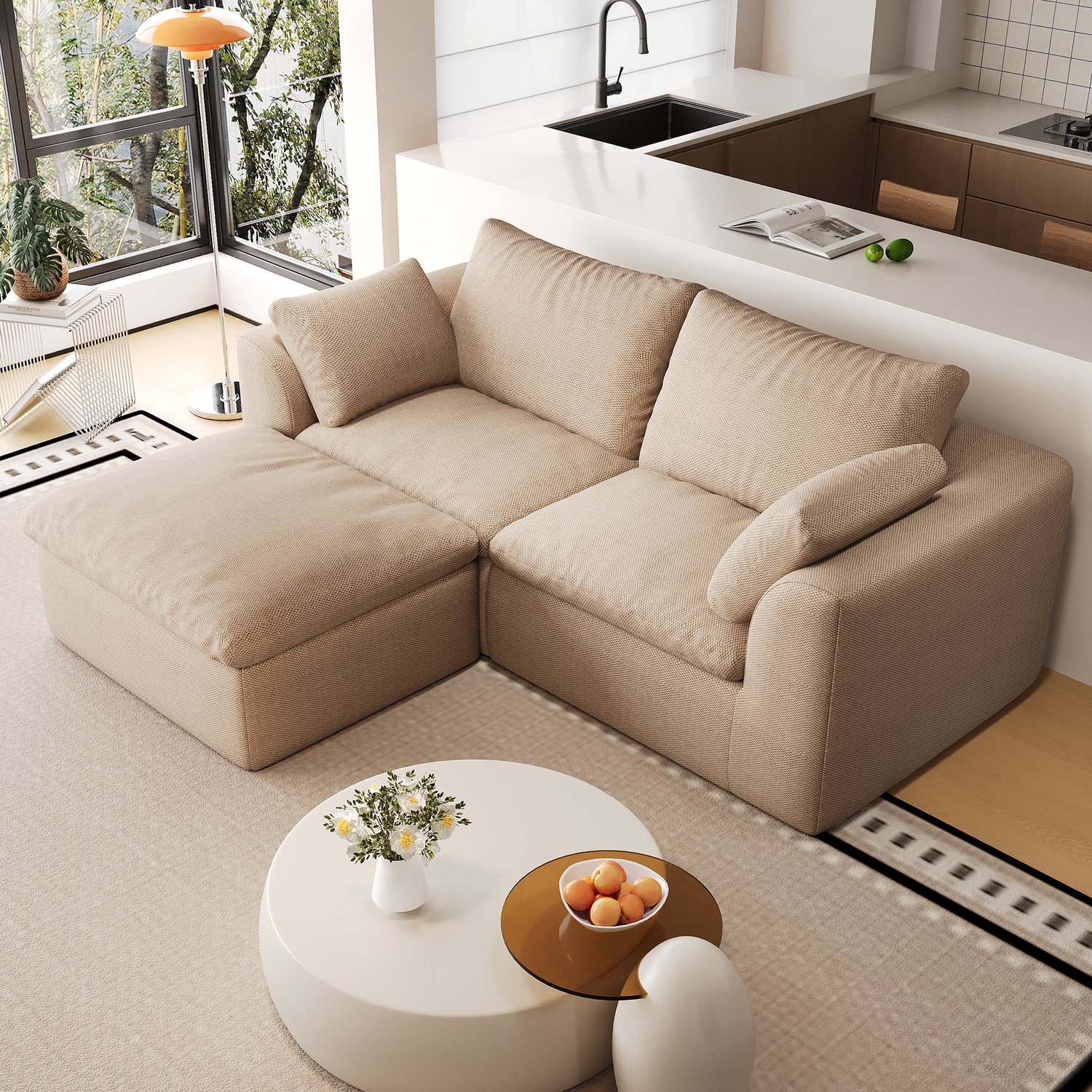 Wishdor Hoekbank met 3 zitplekken - L-vormige opstelling - Zachte zitting met hoogelastische schuimvulling - Gecomprimeerd verpakt - Linnen bekleding - Woonkamer - Khaki - 180 x 155 x 83 cm