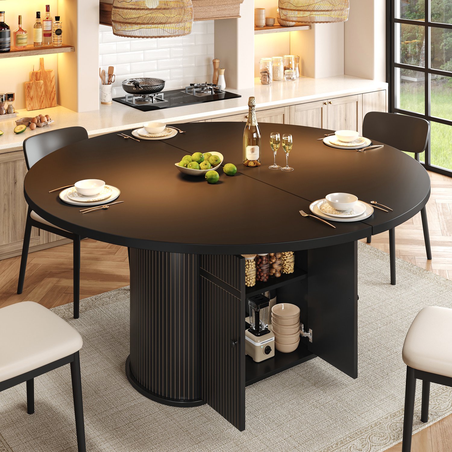 OKWISH Eettafel - Uitschuifbaar met Opbergruimte en 2 Deuren - Voor Keuken en Eetkamer - Zwart MDF - 118 tot 158 x 118 x 76,5 cm