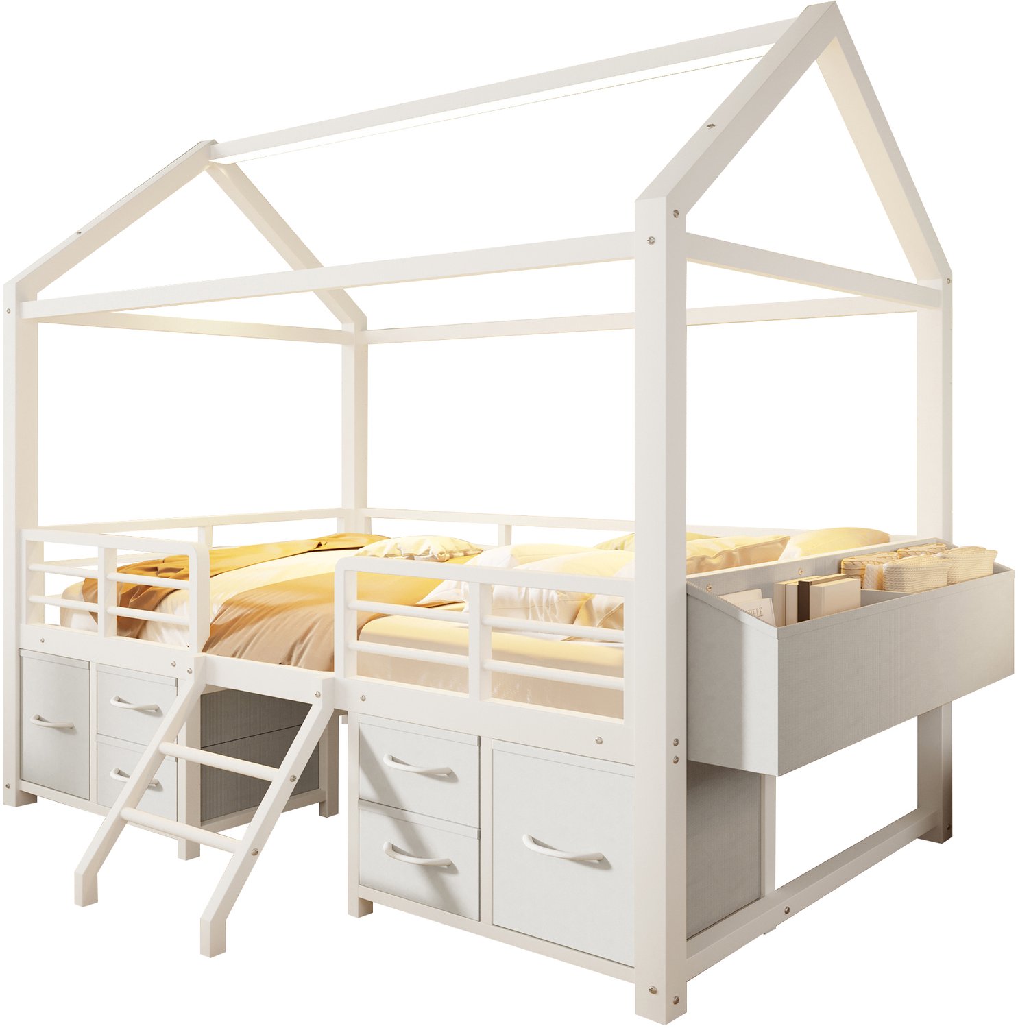 REDOM Hoogslaper 90x200 cm - Huisdak met LED-verlichting - Stoffen lades en opbergruimte - Wit
