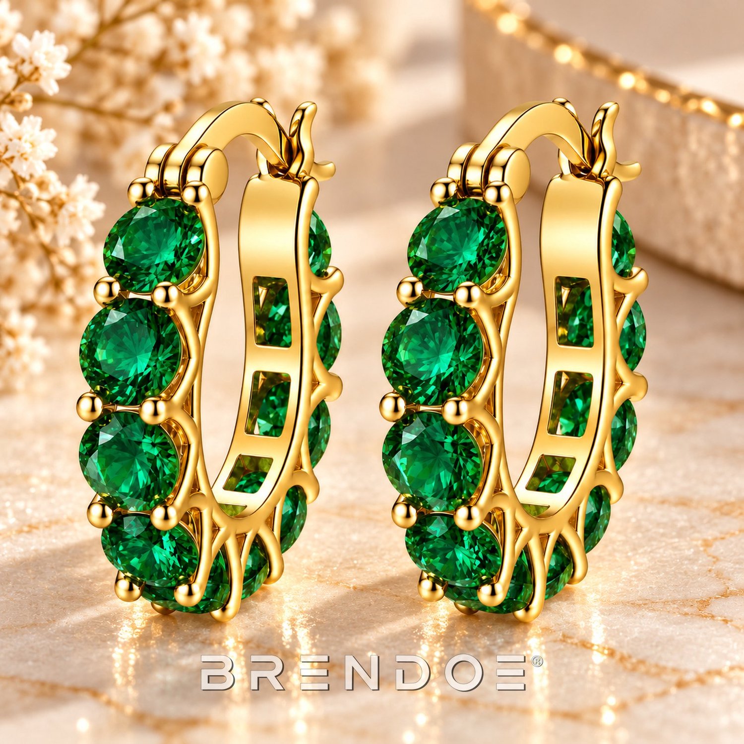 Brendoe Goudkleurige Oorringen Dames – Groene Synthetische Stenen – Elegante Statement Oorbellen – 2 cm