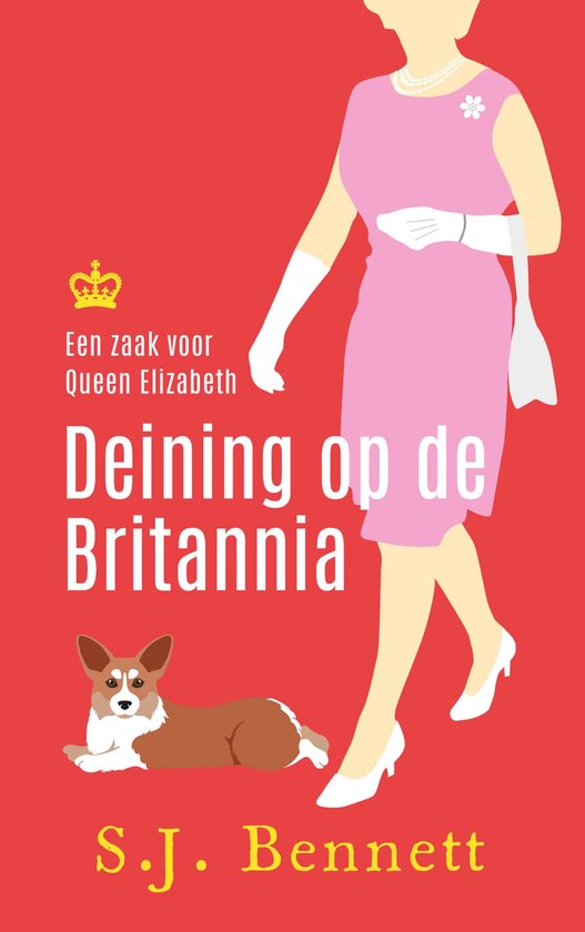 Een illustratie van koningin Elizabeth in een roze jurk, met een hondje en de titel 'Deining op de Britannia'.