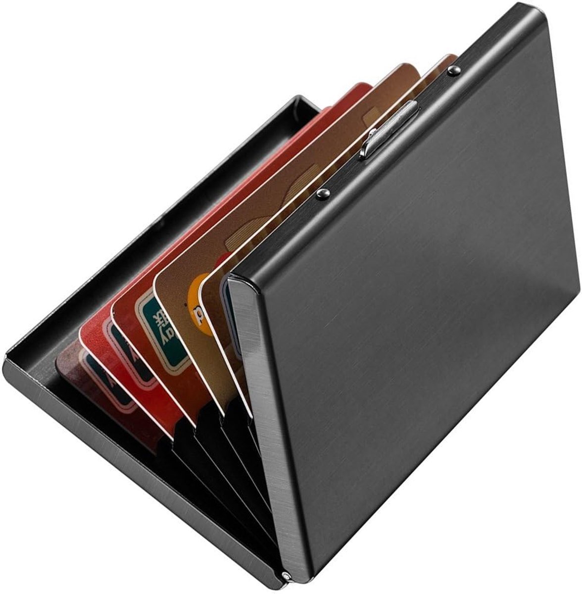 RFID-creditcardbescherming-portemonnee, blokkeert identiteitsdieven, roestvrij staal aluminium metalen etui met 6 PVC-sleuven, zwart, Small, Modern