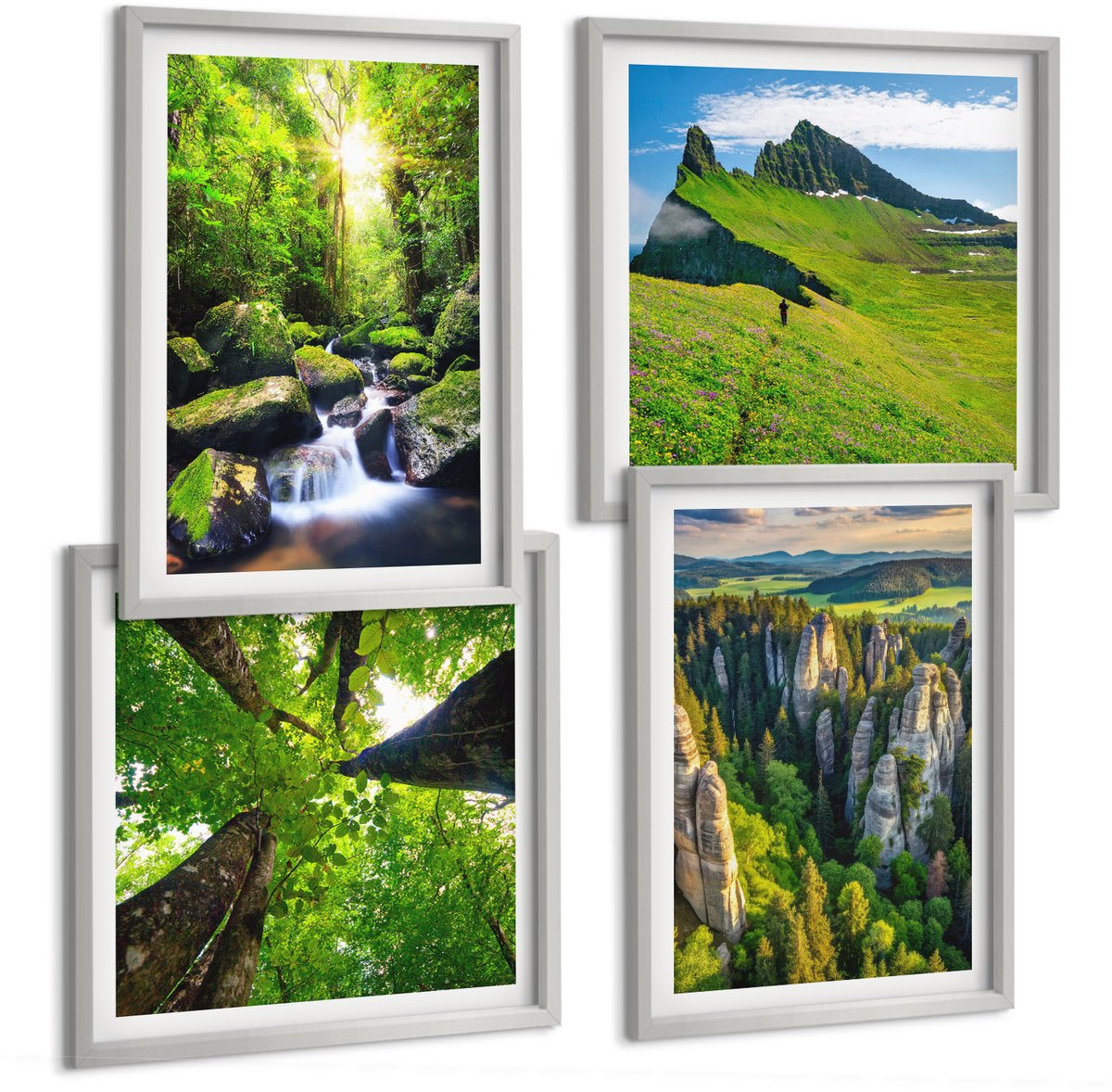 Coloray 4-Delige Schilderij Set - Groene Berglandschappen Met Waterval En Bos - 40 x 40 cm En 40 x 60 cm - Muurdecoratie - Interieur Decoratie - Wanddecoratie