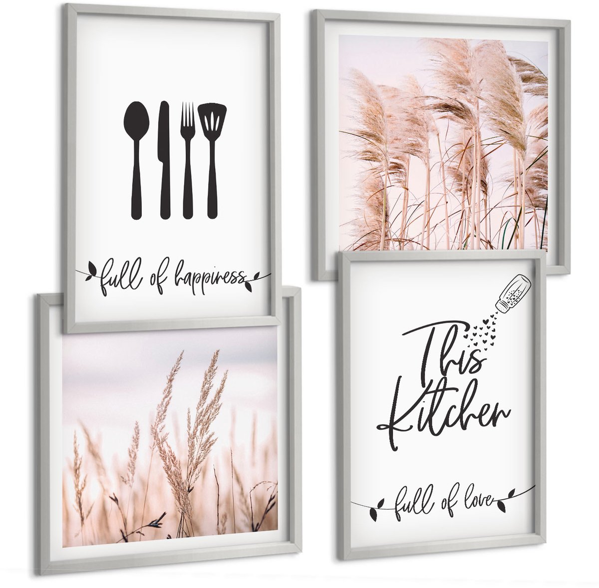 Coloray 4-Delige Schilderij Set - Keukenbelettering Delicate Boho Grassen - 40 x 40 cm En 40 x 60 cm - Muurdecoratie - Interieur Decoratie
