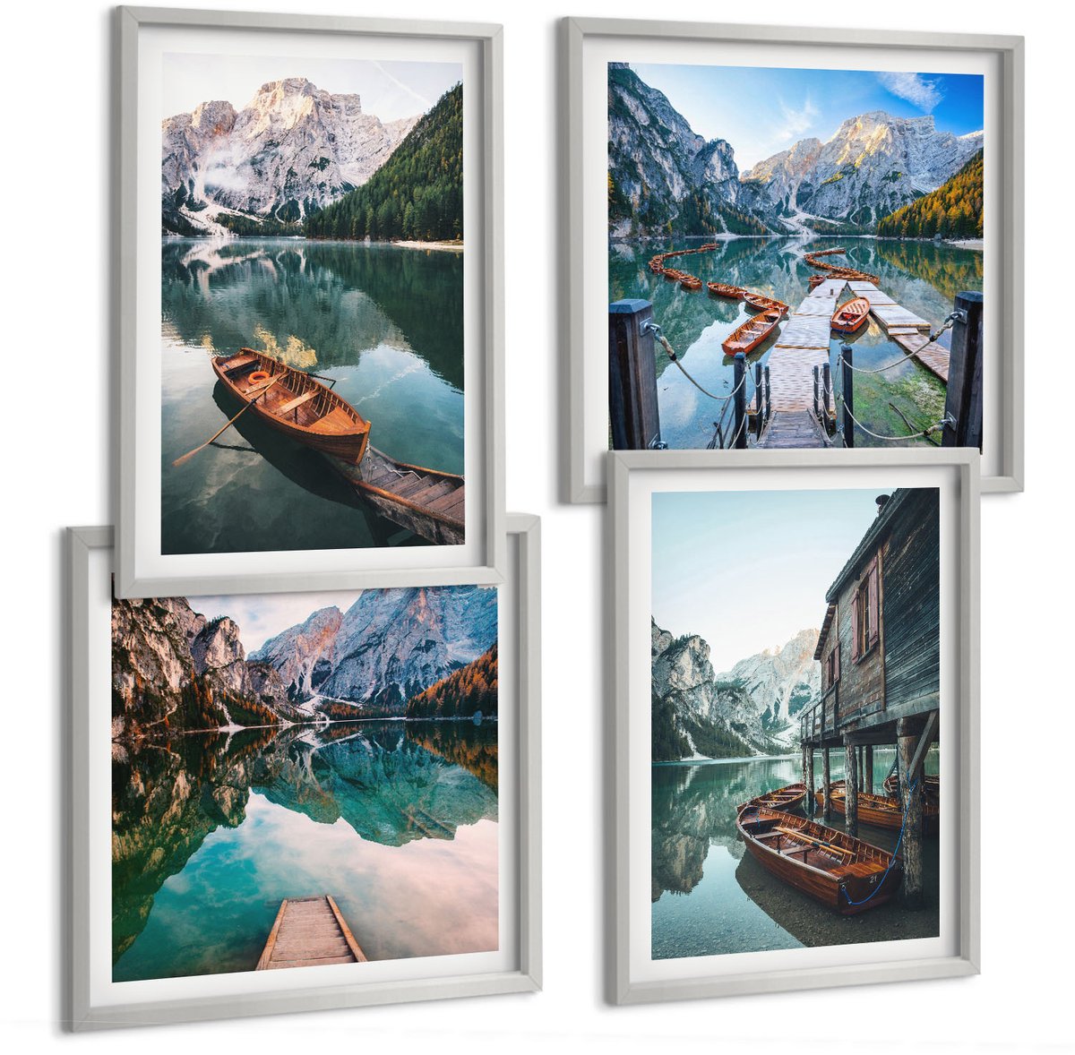 Coloray 4-Delige Schilderij Set - Een Meer In De Bergen Met Bootjes En Een Houten Huisje. - 40 x 40 cm En 40 x 60 cm - Decoratieve Schilderijen - Wanddecoratie - Hal - Muurdecoratie