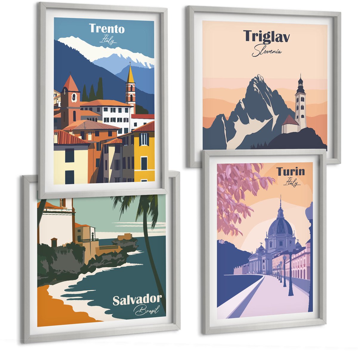 Coloray 4-Delige Schilderij Set - Bergen En Architectuur, Retro, Kleurrijke Illustraties - 40 x 40 cm En 40 x 60 cm - Muurdecoratie - Schilderijen Set - Woonkamer - Interieur Decoratie