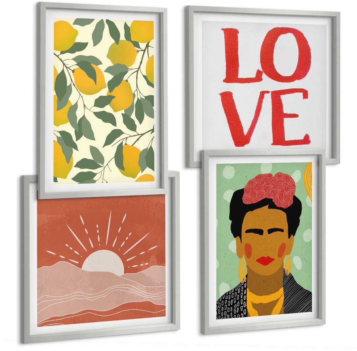 Coloray 4-Delige Schilderij Set - Citroenen Liefde Inscriptie Landschap Portret Van Frida Kahlo - 40 x 40 cm En 40 x 60 cm - Muurdecoratie - Wanddecoratie - Slaapkamer