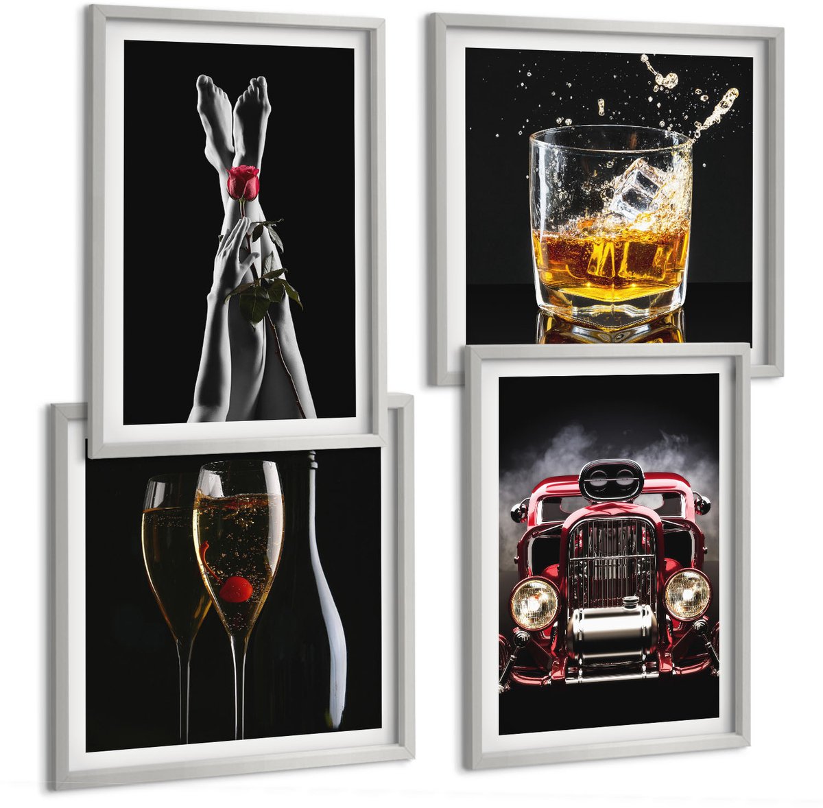 Coloray 4-Delige Schilderij Set - Vrouwenbenen Met Roos, Oude Auto, Wijn, Whisky - 40 x 40 cm En 40 x 60 cm - Moderne Wanddecoratie - Slaapkamer - Muurdecoratie