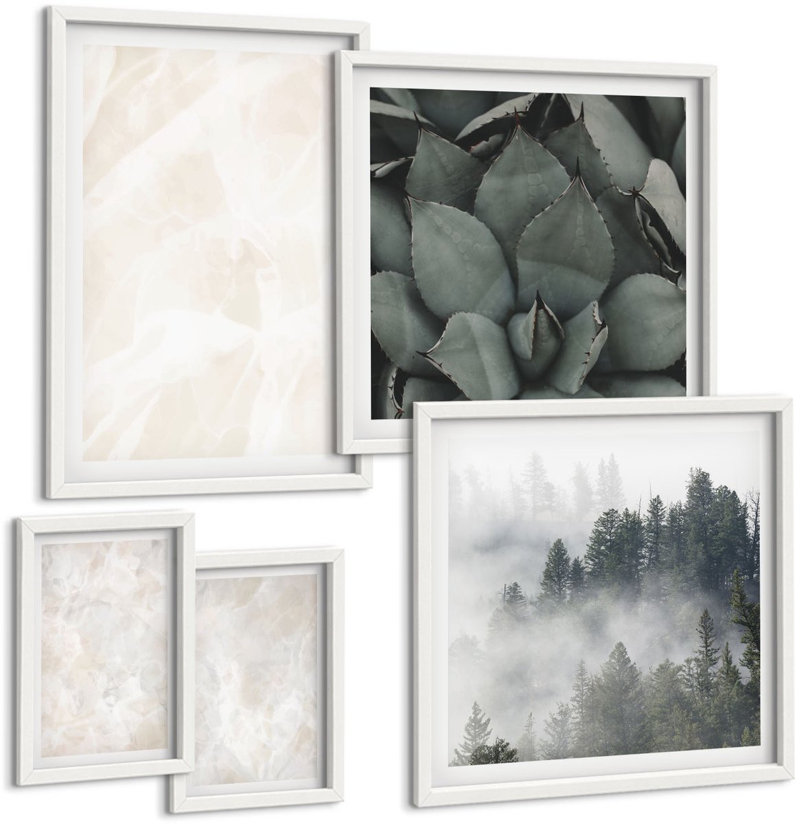 Coloray 5-Delige Schilderij Set - Pastelkleurige Stenen Structuren Van Wit Marmer - 50 x 50 cm, 20 x 30 cm En 40 x 60 cm - Wanddecoratie - Woonkamer Decoratie - Decoratieve Schilderijen