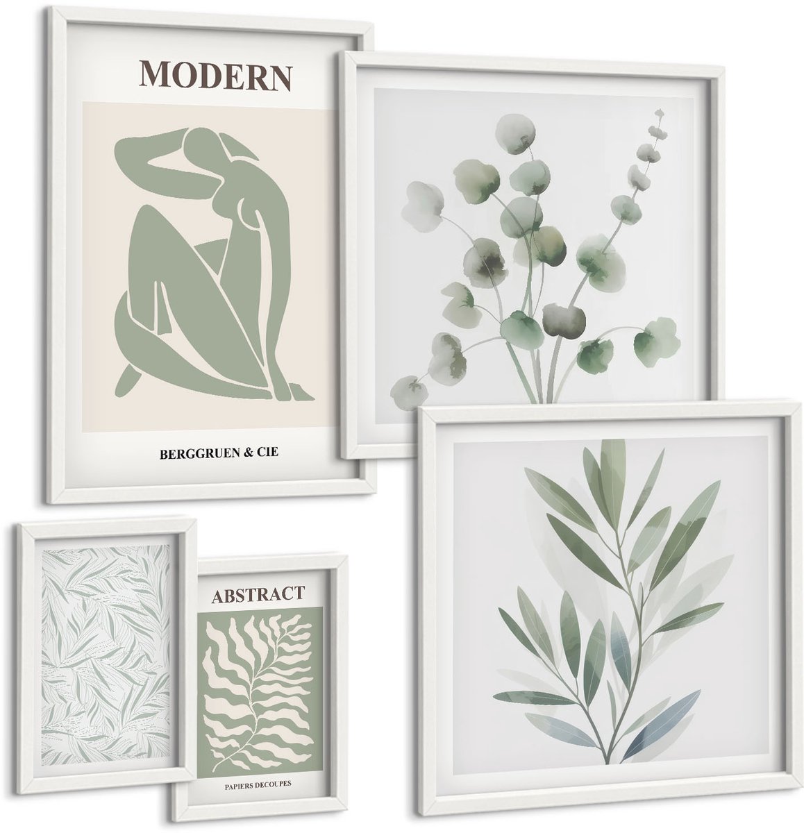 Coloray 5-Delige Schilderij Set - Stijlvolle Plantmotieven In Een Moderne Decoratieve Stijl. - 50 x 50 cm, 20 x 30 cm En 40 x 60 cm - Wanddecoratie - Schilderijen Set - Interieur - Stijlvolle Muurdecoratie