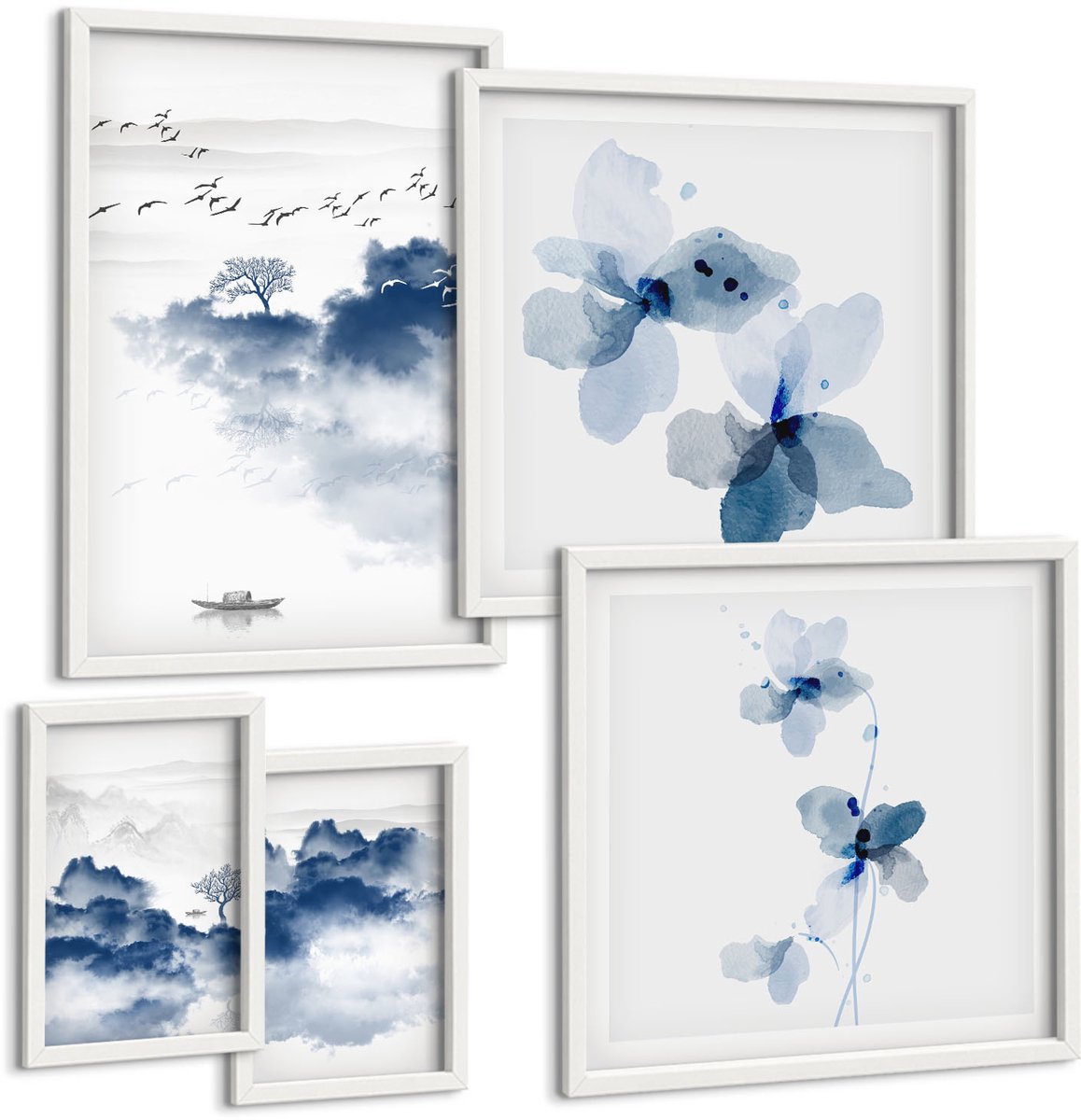 Coloray 5-Delige Schilderij Set - Landschappen Met Tere Bloemen En Kalm Water. - 50 x 50 cm, 20 x 30 cm En 40 x 60 cm - Wanddecoratie - Schilderijen Set - Kantoor - Muurdecoratie