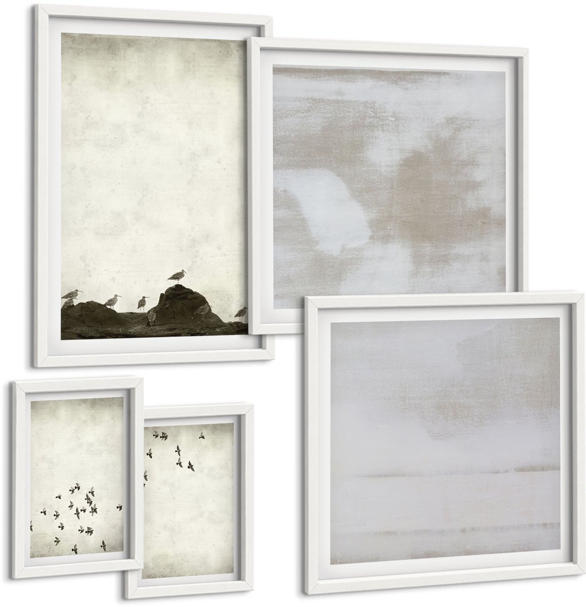Coloray 5-Delige Schilderij Set - Vogels In Vlucht En Gekraste Texturen In Minimalistische Stijl - 50 x 50 cm, 20 x 30 cm En 40 x 60 cm - Decoratieve Muurdecoratie - Slaapkamer - Wanddecoratie