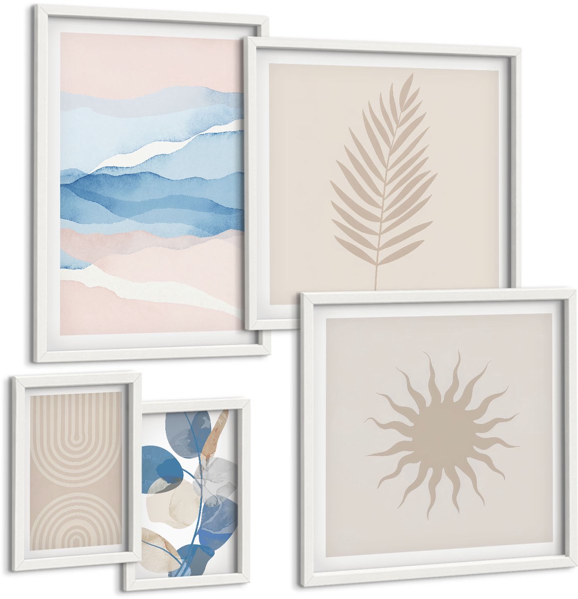Coloray 5-Delige Schilderij Set - Abstracte Composities Met Plantmotieven En Golven - 50 x 50 cm, 20 x 30 cm En 40 x 60 cm - Moderne Wanddecoratie - Woonkamer - Decoratieve Schilderijen