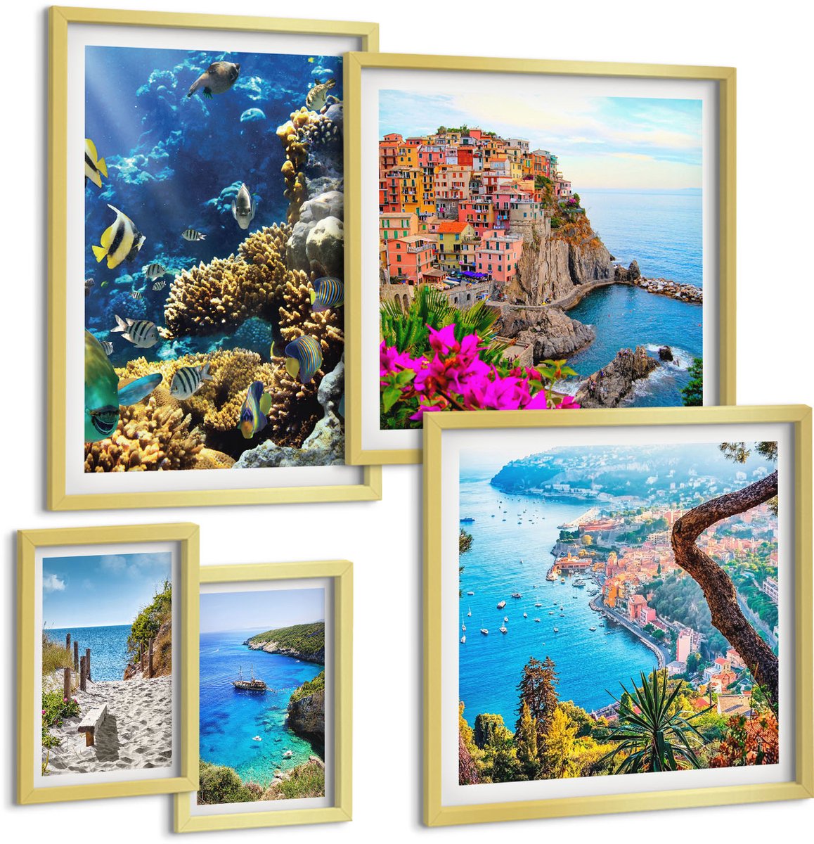 Coloray 5-Delige Schilderij Set - Kustlandschappen Met Kleurrijke Vissen En Stranden - 50 x 50 cm, 20 x 30 cm En 40 x 60 cm - Stijlvolle Wanddecoratie - Interieur