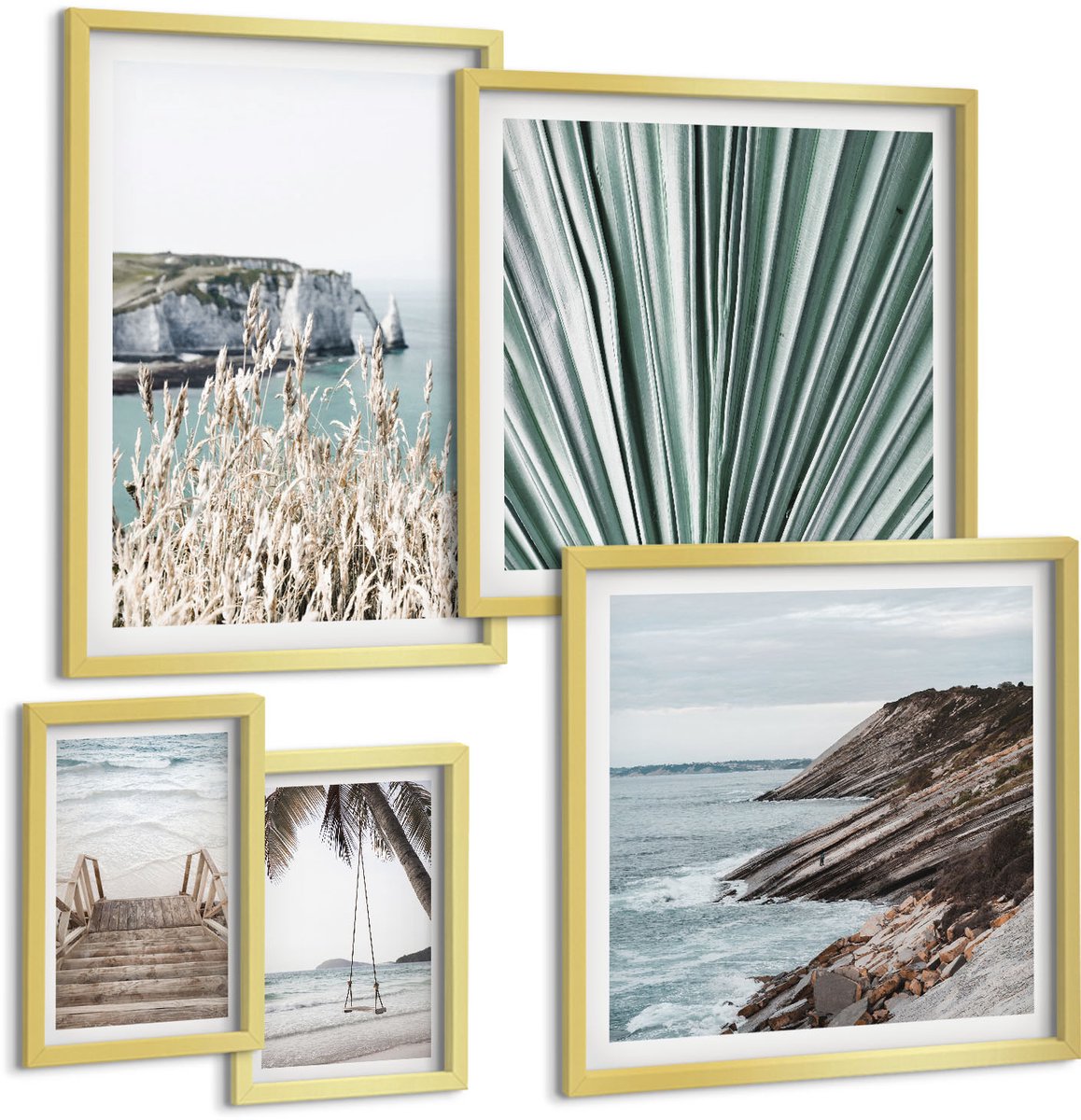 Coloray 5-Delige Schilderij Set - Kustlandschappen Met Stranden En Tropische Vegetatie - 50 x 50 cm, 20 x 30 cm En 40 x 60 cm - Wanddecoratie - Muurdecoratie - Moderne Interieurdecoratie