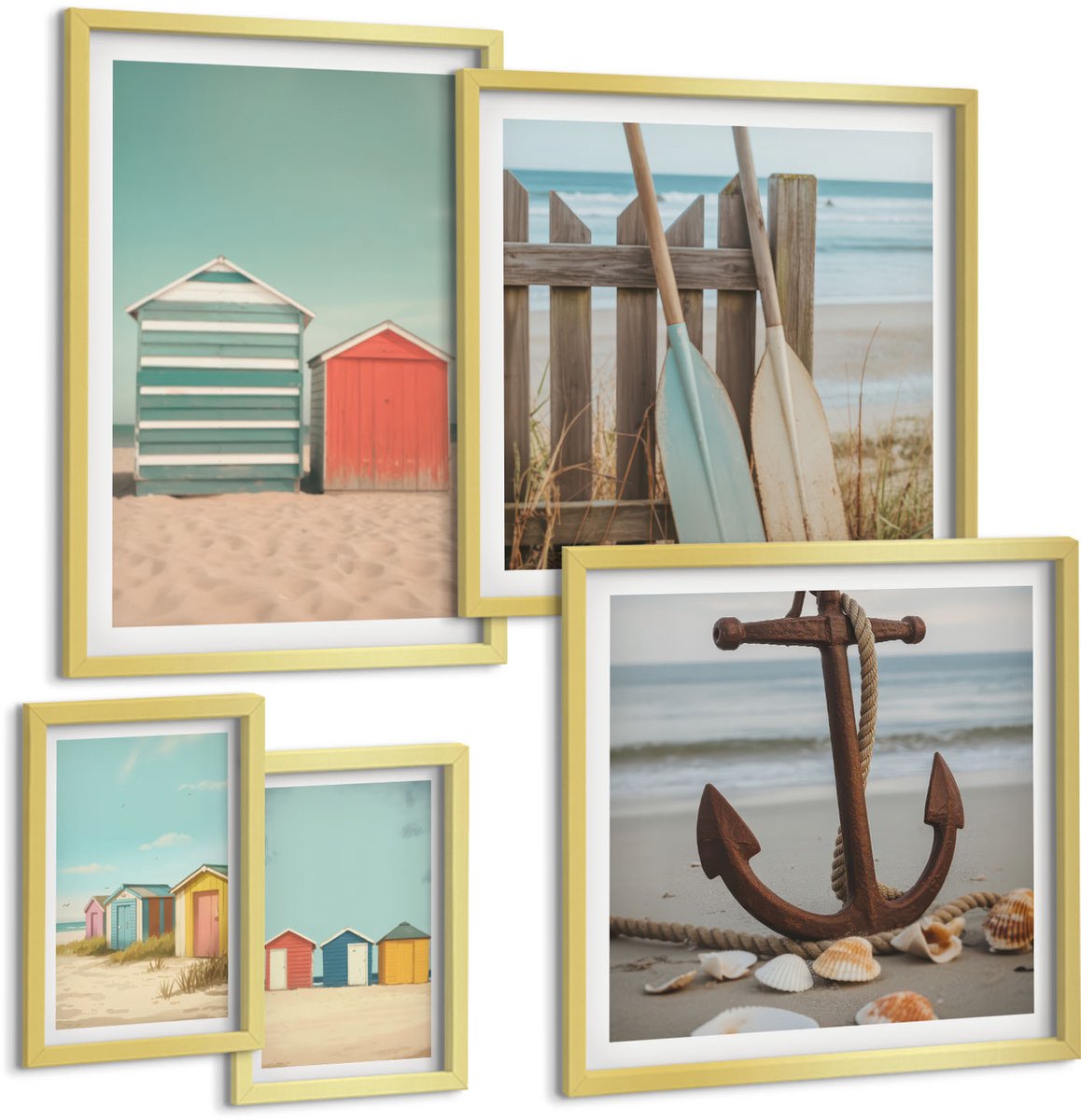 Coloray 5-Delige Schilderij Set - Stijlvolle Strandhuizen Met Nautische Elementen En Accessoires. - 50 x 50 cm, 20 x 30 cm En 40 x 60 cm - Schilderijen Set - Wanddecoratie - Woonkamer - Woonkamer Decoratie
