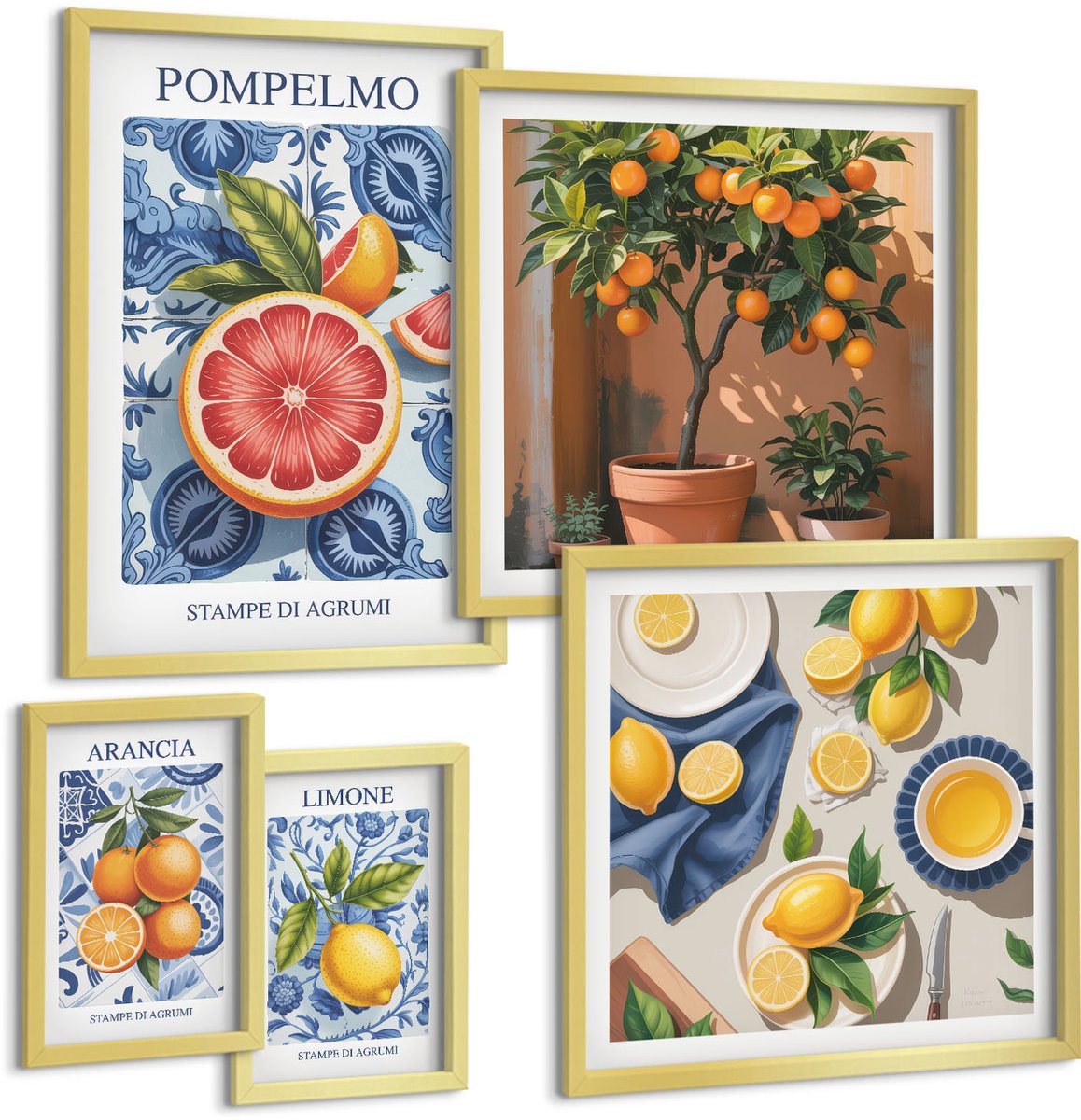 Coloray 5-Delige Schilderij Set - Citrus Inspirations Vintage Decoraties - 50 x 50 cm, 20 x 30 cm En 40 x 60 cm - Wanddecoratie - Schilderijen Set - Interieur
