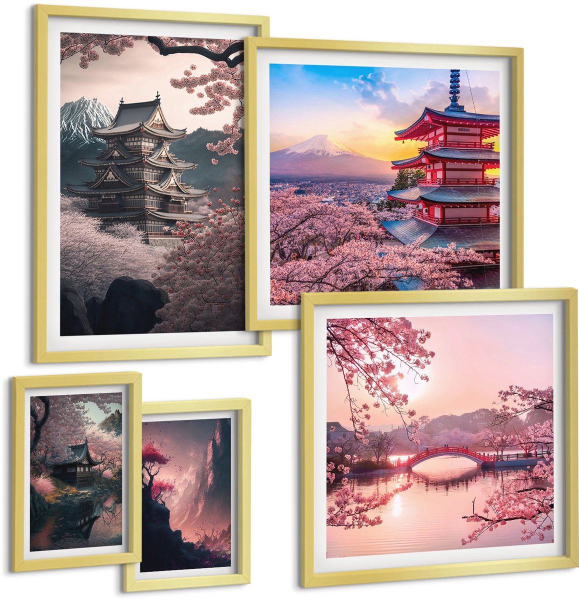 Coloray 5-Delige Schilderij Set - Japanse Landschappen Met Kersenbloesems En Pagodes - 50 x 50 cm, 20 x 30 cm En 40 x 60 cm - Muurdecoratie - Wanddecoratie - Slaapkamer - Interieur Decoratie