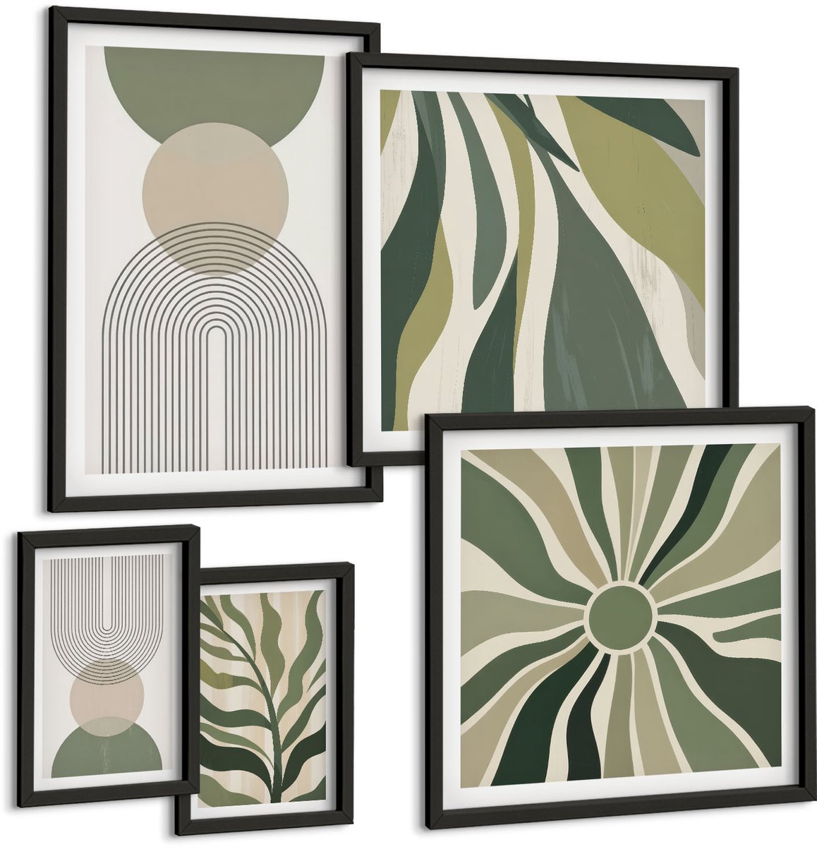 Coloray 5-Delige Schilderij Set - Stijlvolle Abstracties In Tinten Groen En Beige. - 50 x 50 cm, 20 x 30 cm En 40 x 60 cm - Decoratieve Muurdecoratie - Slaapkamer - Woonkamer Decoratie