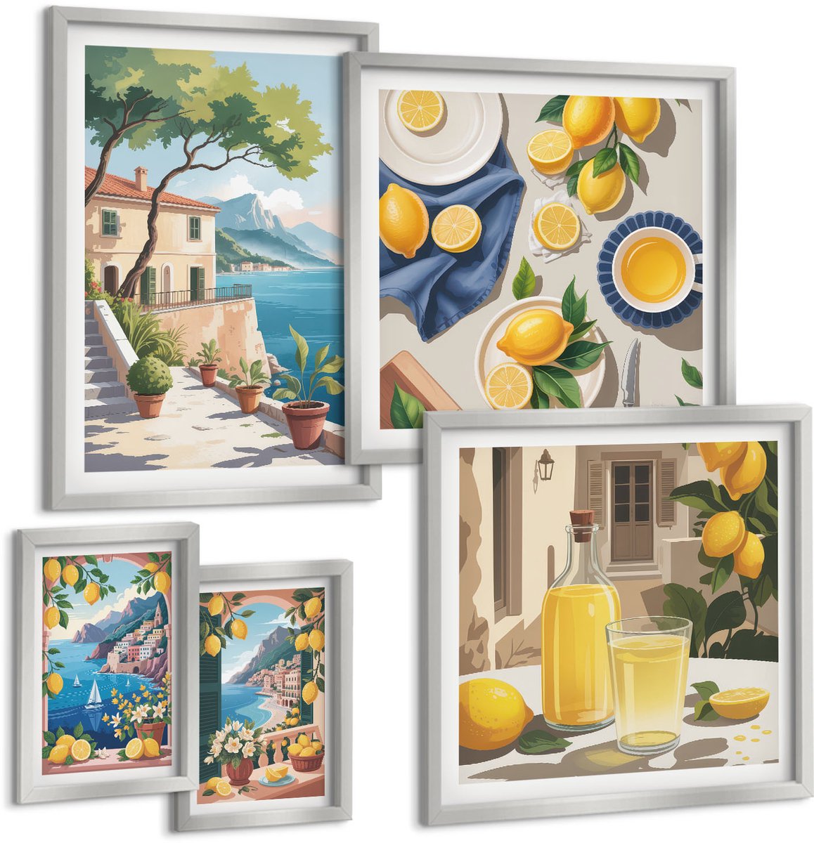 Coloray 5-Delige Schilderij Set - Bloemen En Olijven In Vazen ​​Op Een Lichte Achtergrond - 20 x 30 cm - Muurdecoratie - Decoratieve Schilderijen - Wohnzimmer - Stijlvolle Muurdecoratie