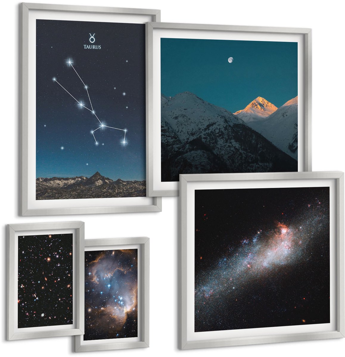 Coloray 5-Delige Schilderij Set - Ruimtelandschappen Met Sterren En Het Sterrenbeeld Stier - 20 x 30 cm - Muurdecoratie - Schilderijen Set - Woonkamer - Interieur Decoratie