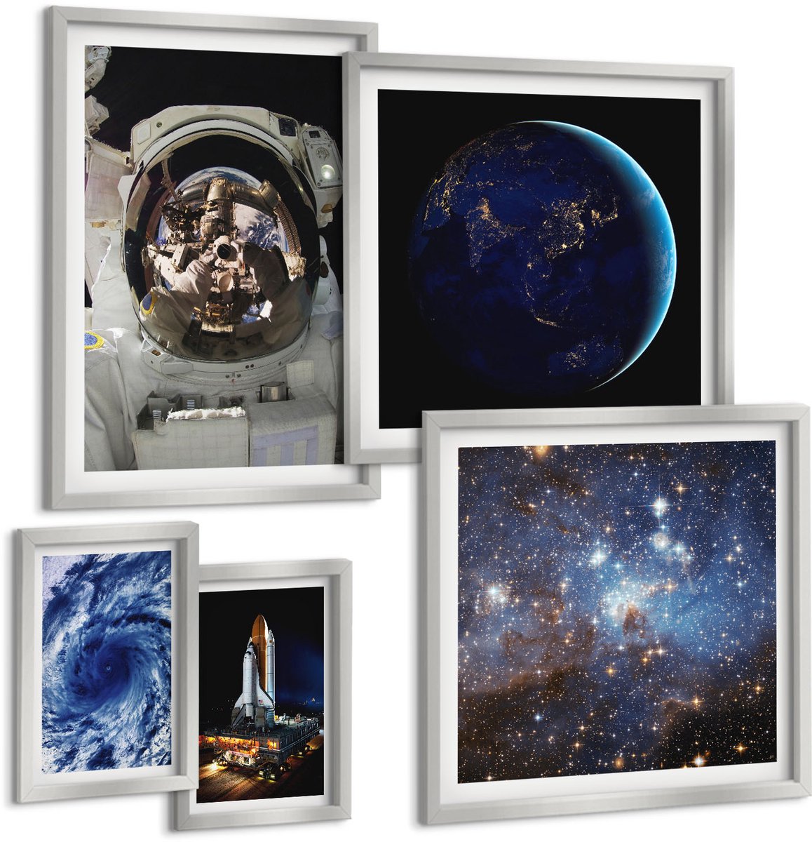 Coloray 5-Delige Schilderij Set - Ruimtebeelden Met De Aarde, Astronaut En Raket - 20 x 30 cm - Muurdecoratie - Wanddecoratie - Hal - Interieur Decoratie