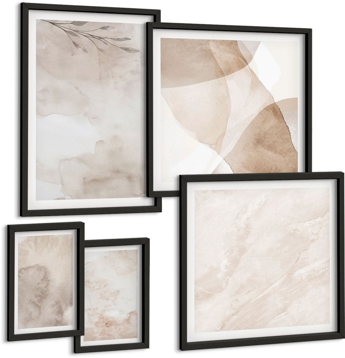 Coloray 5-Delige Schilderij Set - Textuur Van Gemorste Aquarelverf In Boho-Stijl - 50 x 50 cm, 20 x 30 cm En 40 x 60 cm - Wanddecoratie - Muurdecoratie - Moderne Interieurdecoratie - Interieur Decoratie
