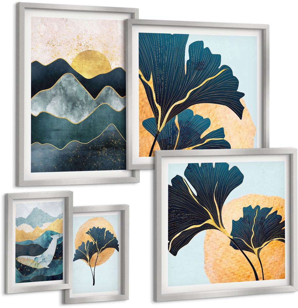 Coloray 5-Delige Schilderij Set - Plantenpatronen In Beige En Bruine Tinten - 20 x 30 cm - Wanddecoratie - Muurdecoratie - Moderne Interieurdecoratie - Interieur Decoratie