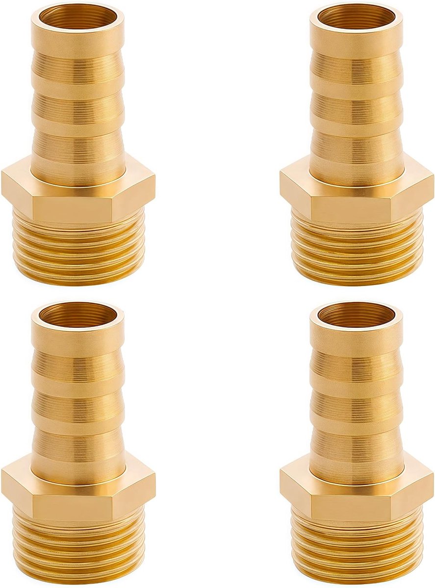 Slangmondstuk G1/2 inch (Ø 20,3 mm) Ag x 1/2 inch mondstuk, 4 stuks slangnippel-connector, messing 13 mm weerhaak x G1/2 inch buisadapter, slangmondstuk schroefverbinding, schroefdraadfitting,