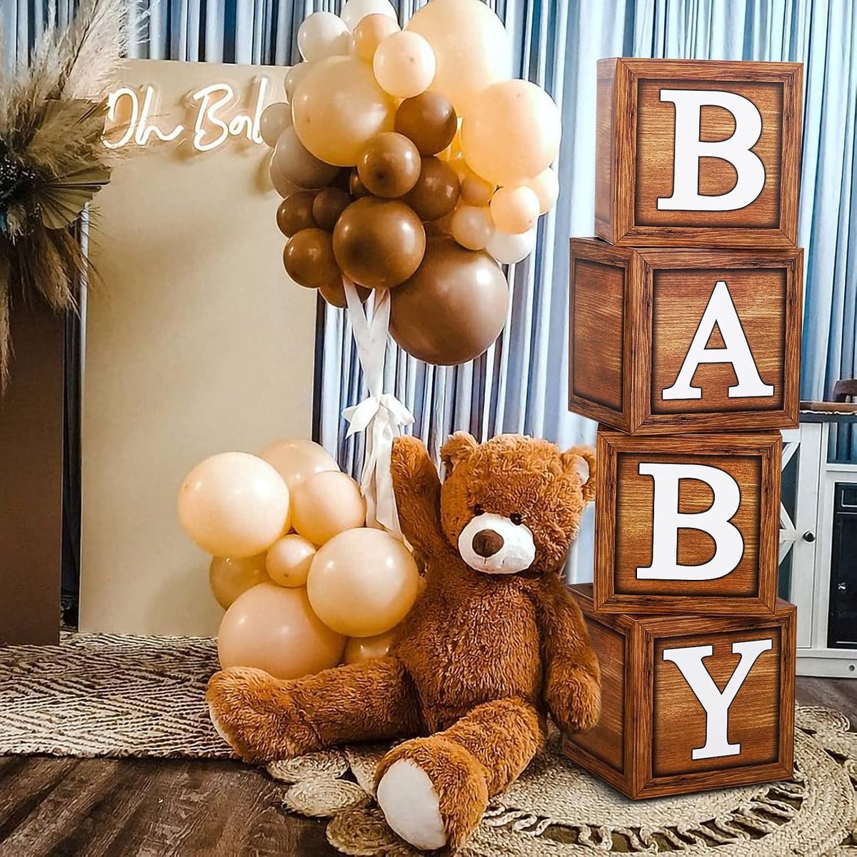Babyshowerdoosdecoraties voor jongens of meisjes, 4-pack houtnerfballondozen met letters BABY voor babydouche, babydouche verjaardag, geslacht onthullen, teddybeer thema babydozen decoratie