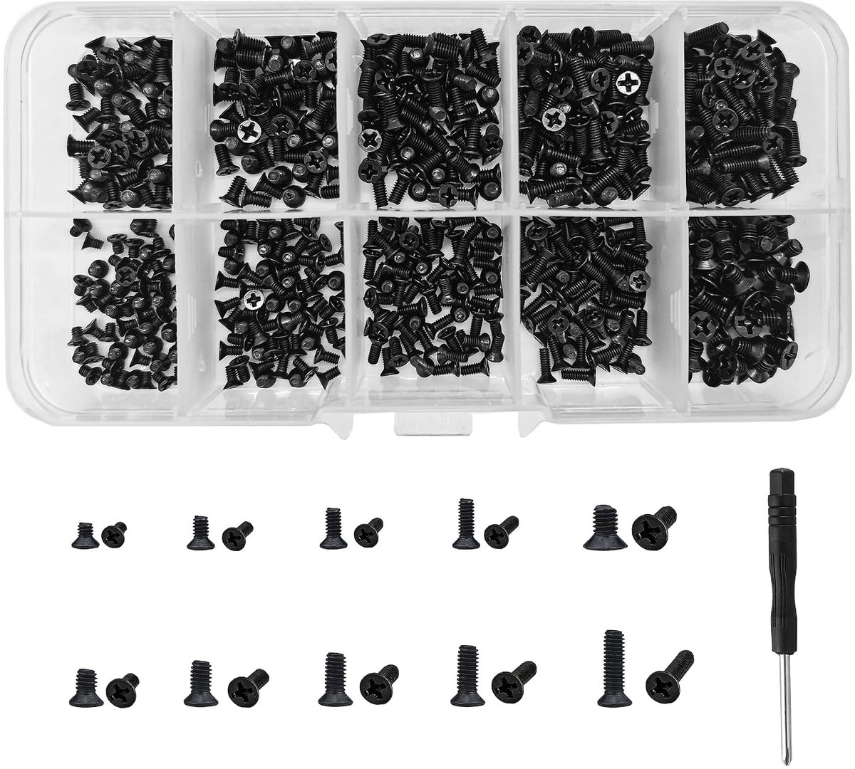 600 stuks M2 M2.5 M3 zwarte laptop micro diverse schroef, platte kop kruiskopschroeven, notebook vervangende schroeven set kit, zwarte machineschroef met mini-schroevendraaier