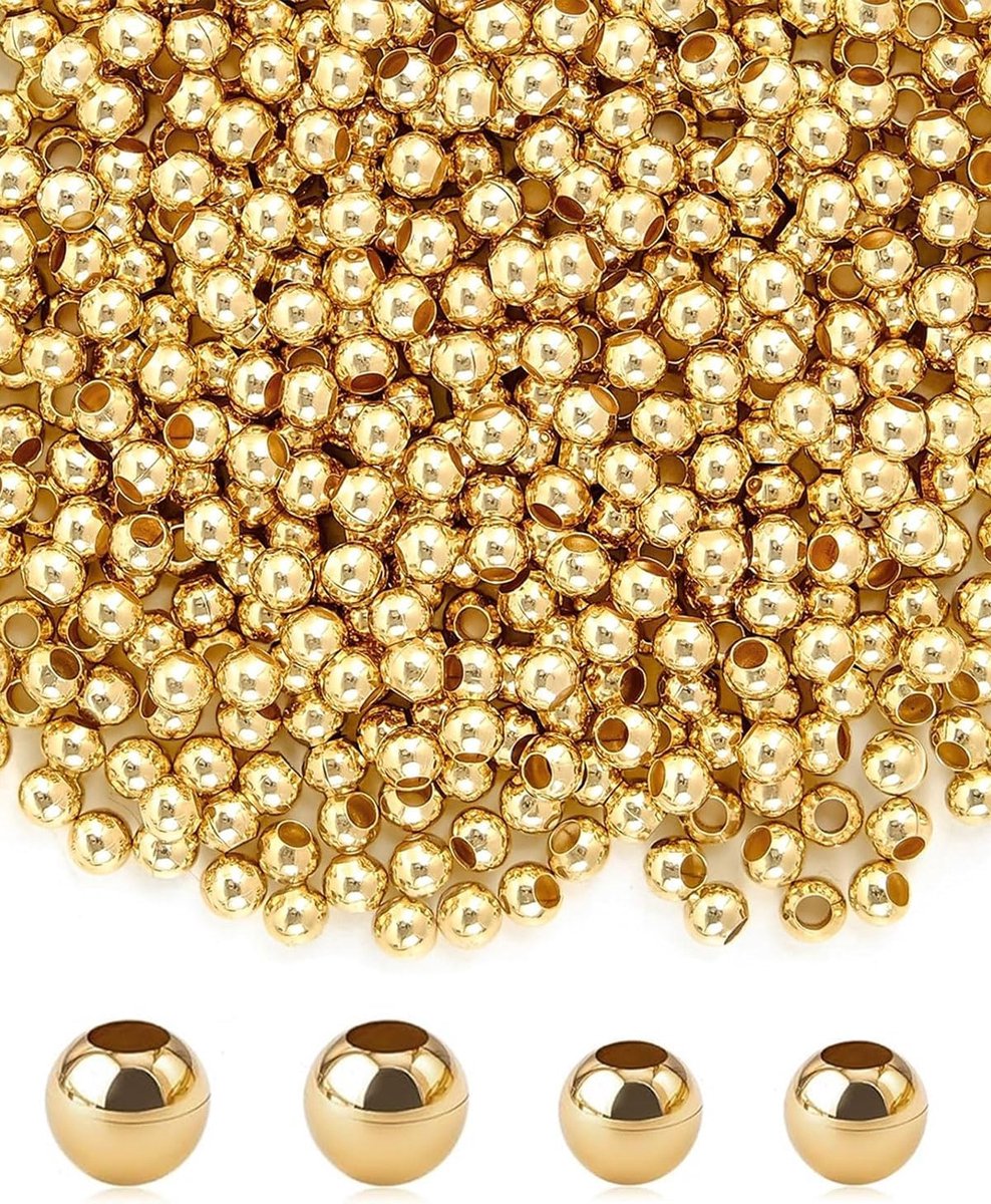 Kralen, 600 stuks, 3 mm, 4 mm, 18 K vergulde messing kralen, duurzaam verguld, voor doe-het-zelf armbanden, het maken van oorbellen, voor feestjes, feestdagen