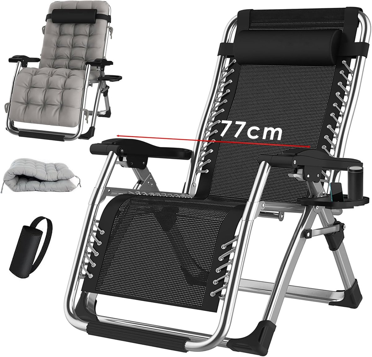 Gravity stoel, inklapbare ligstoel, ondersteunt tot 200 kg fauteuil, Opvouwbare Zonneligstoel ligstoel, inklapbaar, met bekerhouder, kussen,hoofdsteun, voor Tuin, Terras of Balkon(zwart, 77 cm)