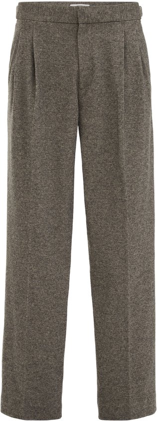 Grijze broek met wijde pijpen, dubbele bandplooi en een gemêleerde textuur.
