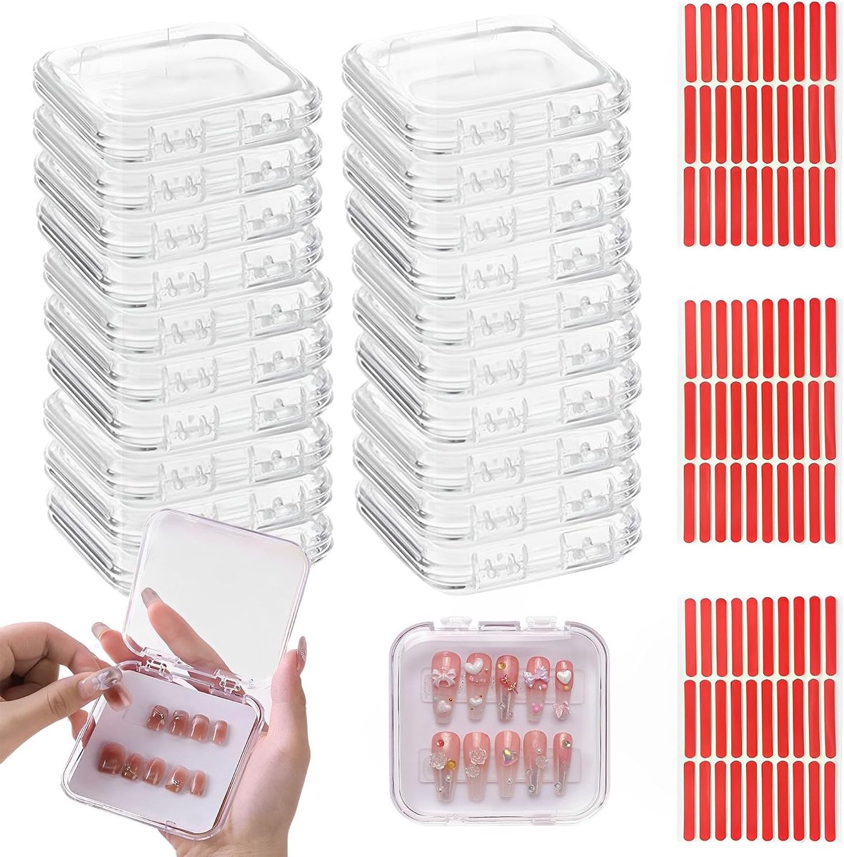 20 stuks Press-on Nail Storage Box (7,5 × 7,5 cm), 90 stuks verbeterde dubbelzijdige tape, transparante nageltips display opbergdoos set, transparante valse nageldisplay voor nagelzaken, voor