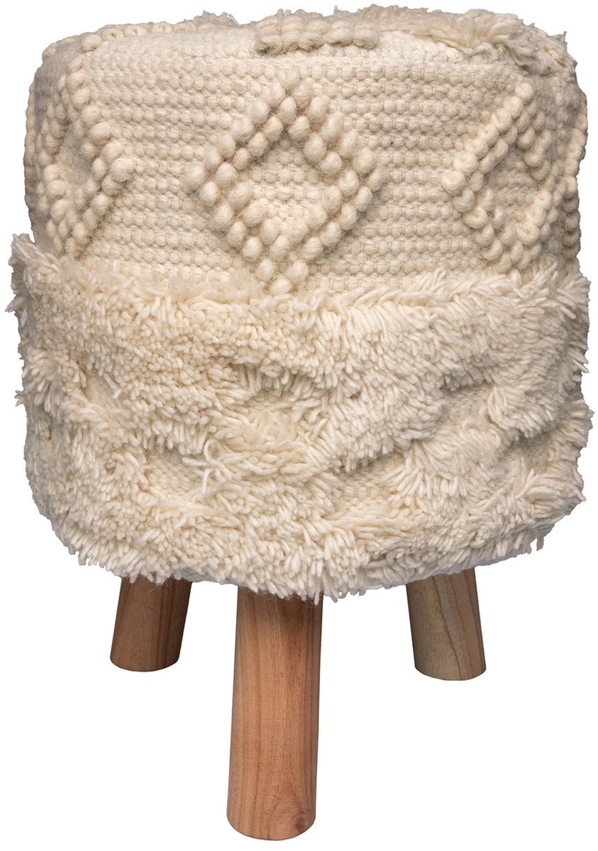Padiro ronde zitkruk Ø 38 x 50 cm - naturel - wolmix en hout - boho stijl met franjes en kwastjes
