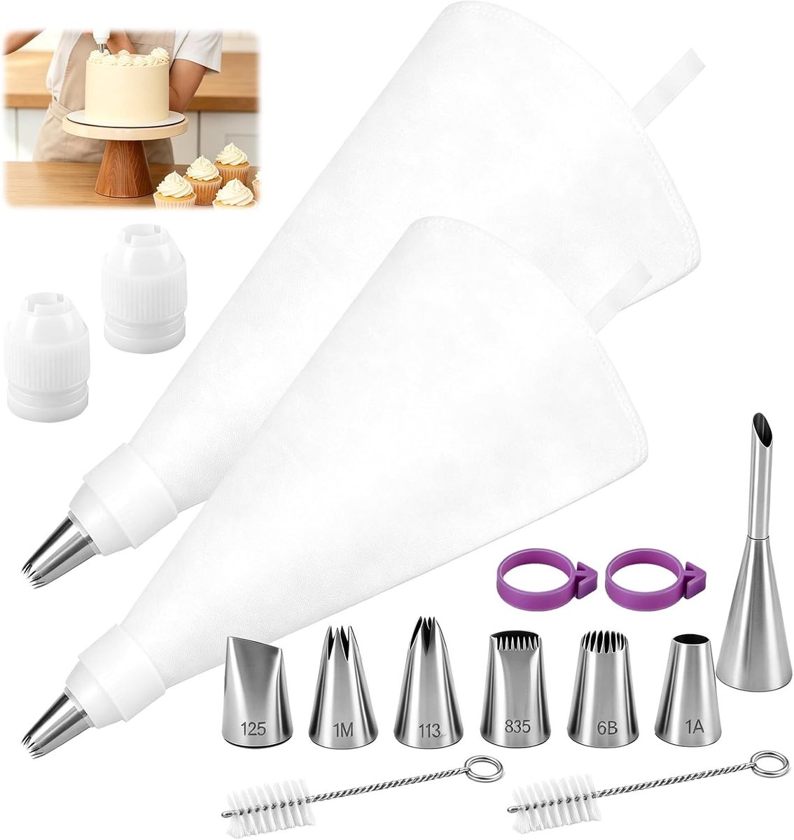 Complete Decoratieset voor Gebak met 15 Onderdelen, Spuitmonden, Katoenen Zakken en Accessoires voor Taarten en Cupcakes