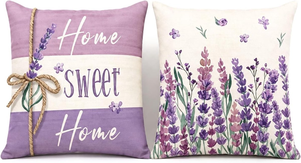 Set van 2 Kussenhoezen 45 x 45 cm, Bloemenpatroon voor Buiten, Lavendel Linnen Look, Ideaal voor Woonkamer, Terras en Zomerdecoratie