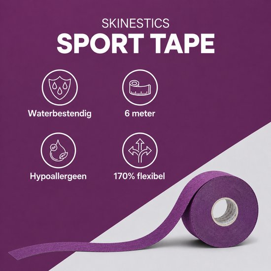 Paarse sporttape rol met tekst 'Waterbestendig', '6 meter', 'Hypoallergeen', '170% flexibel'.
