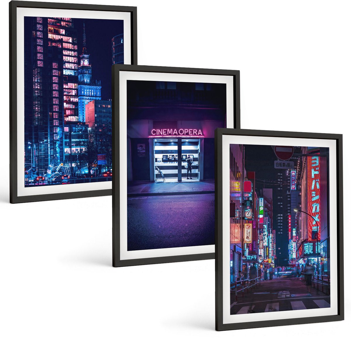 Coloray 3-Delige Schilderij Set - Nachtstad Met Neonlichten En Bioscoopingang - 40 x 60 cm - Muurdecoratie - Schilderijen Set - Woonkamer - Moderne Wanddecoratie